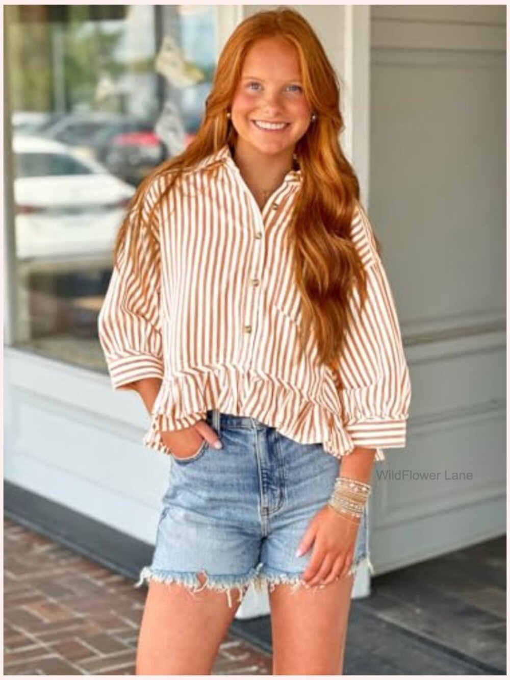Cropped Striped Button Down Shirt Half Sleeve Ruffle Bottom V Neck Blouse Top - Picture 7 of 7